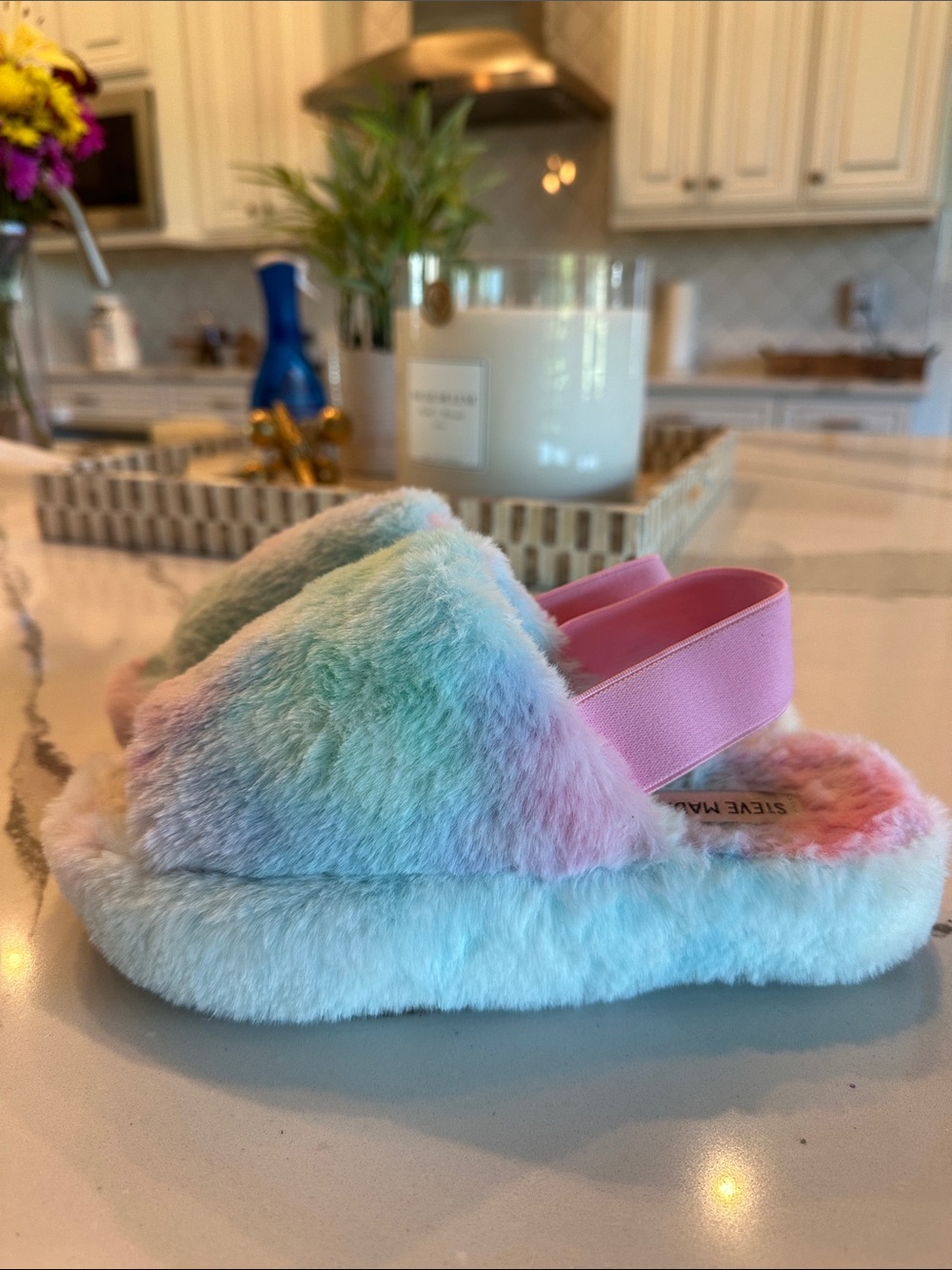 Steve Madden Pastel Rainbow Fuzzy Slip-On Slippers with Pink Heel Strap